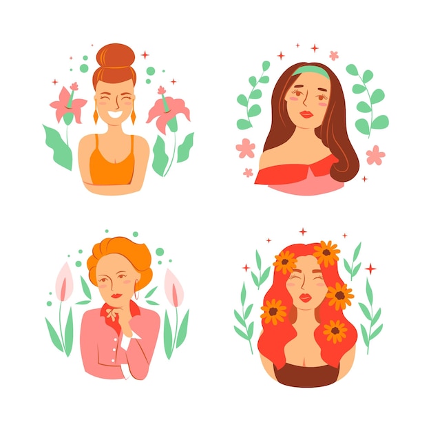 El conjunto de avatares de mujeres para tarjetas adhesivas y redes sociales Las insignias y retratos