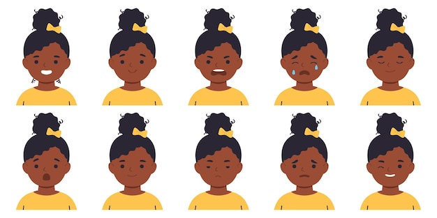 Conjunto de avatares para niñosNiña afroDiferentes emocionesIlustración vectorial plana