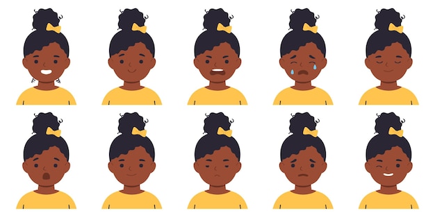 Conjunto de avatares para niñosniña afrodiferentes emocionesilustración vectorial plana