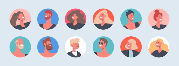 Conjunto de avatares de personas adultos y niños personajes masculinos o femeninos hombres o mujeres con cabello corto y largo barbudo rubio y morenas retratos ilustración vectorial de dibujos animados iconos redondos aislados