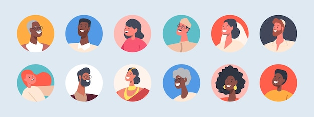 Conjunto de avatares de personas diversas Iconos redondos Personajes masculinos y femeninos Africano Indio Judío Musulmán o caucásico