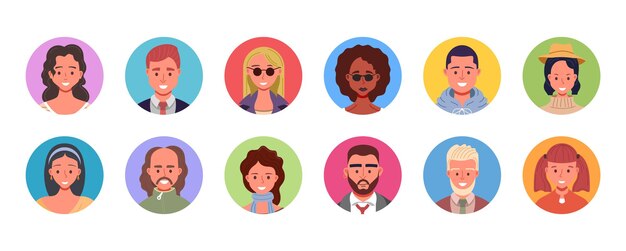 Conjunto de avatares de personas diversas ilustración vectorial de retratos de usuarios multiétnicos en círculos hombre y