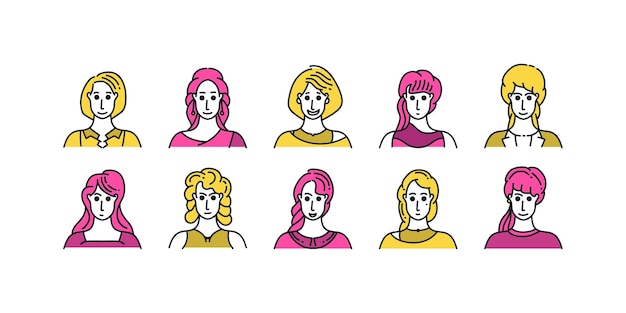 Conjunto de avatares de personas con estilo de dibujos animados mínimo y varias expresiones Colección de personajes de mujeres