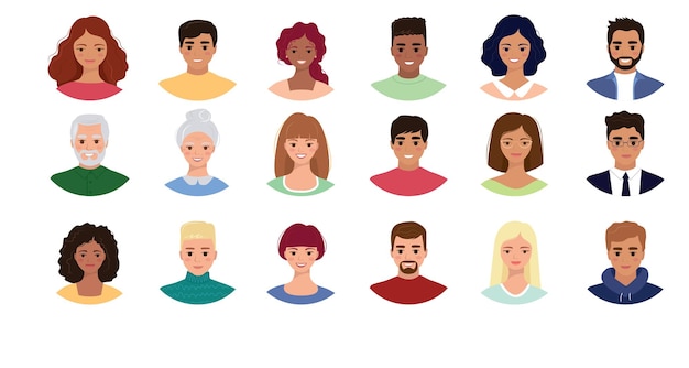 Conjunto de avatares de personas Grupo de diversidad de hombres y mujeres jóvenes Ilustración vectorial en estilo plano