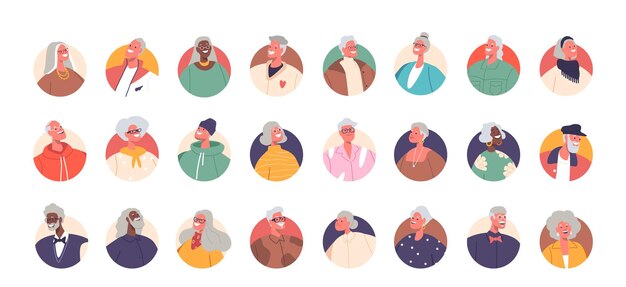 Conjunto de avatares de personas mayores Iconos redondos aislados o retratos de personajes masculinos y femeninos mayores para aplicaciones y narraciones Diversos hombres y mujeres de edad avanzada Personas de dibujos animados Ilustración vectorial