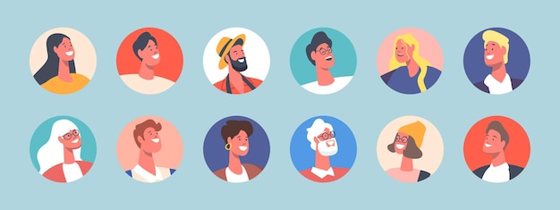Conjunto de avatares de personas Personajes masculinos y femeninos con diferentes apariencias Retratos de hombres o mujeres jóvenes y maduros