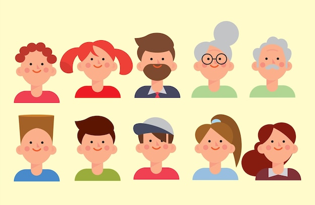 conjunto de avatares de redes sociales de caras de dibujos animados