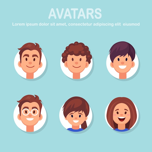Conjunto de avatares con rostros masculinos y femeninos. Retrato de hombre y mujer con sonrisa. Grupo de personajes comerciales. diseño plano