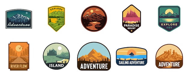 Conjunto de aventura, montaña, parque paisaje insignia emblema logo ilustración