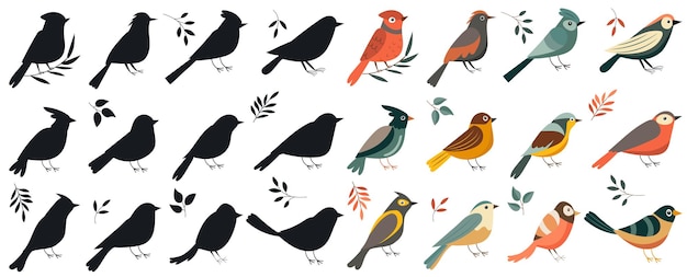 Conjunto de aves de diferentes razas en vector de estilo plano