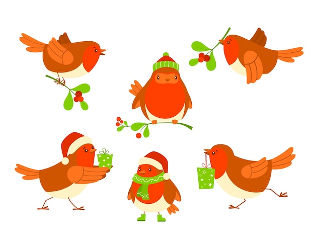 Conjunto de aves de Navidad. Ilustración de vector de robin de Navidad