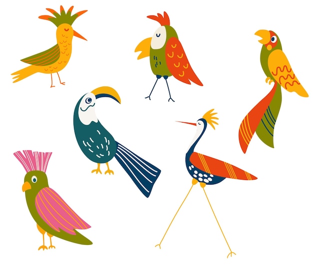 Vector conjunto de aves tropicales guacamayos cacatúas loros y tucanes aves exóticas ilustración vectorial