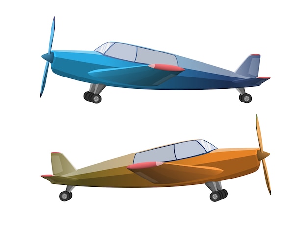Conjunto de avión en estilo de dibujos animados sobre fondo blanco. avión de hélice agrícola, ilustración