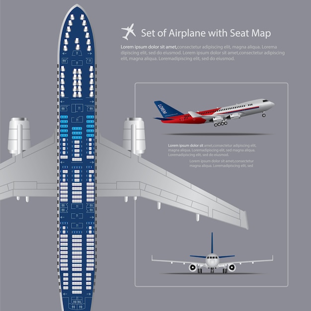 Conjunto de avión con mapa de asiento aislado ilustración vectorial