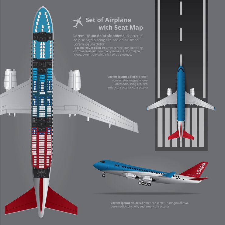 Vector conjunto de avión con mapa de asiento aislado ilustración vectorial