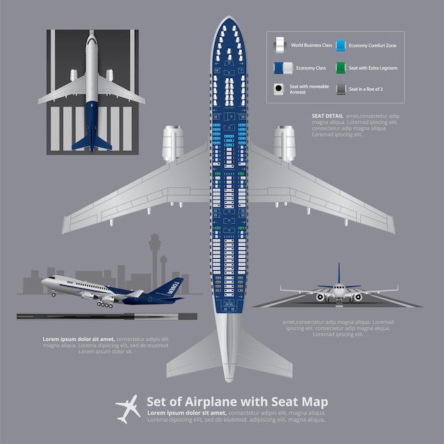 Conjunto de avión con mapa de asiento aislado ilustración vectorial
