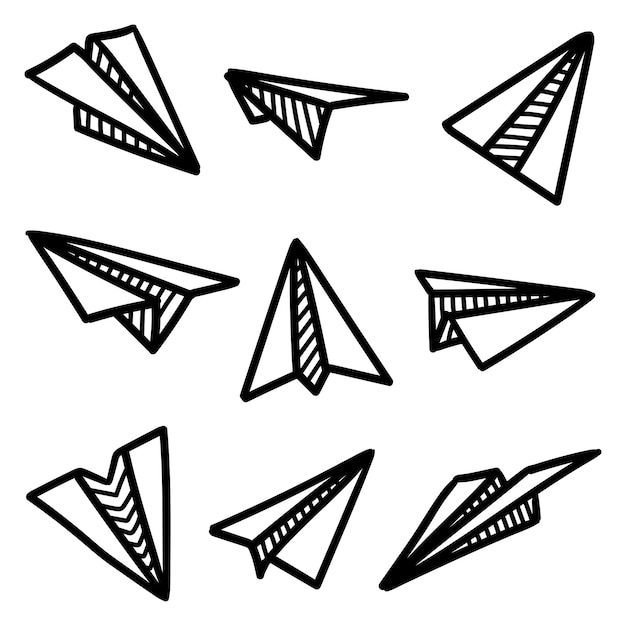 Conjunto de avión de papel dibujado a mano