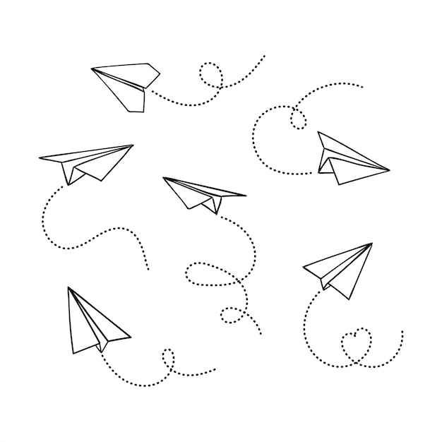 Conjunto de avión de papel doodle dibujado a mano aislado sobre fondo blanco. símbolo de icono de línea de viaje y ruta.