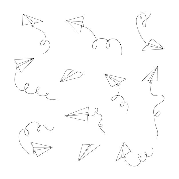 Conjunto de avión de papel vectorial Símbolo de icono de viaje y ruta aislado sobre fondo blanco