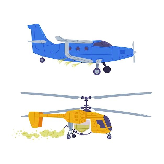 Conjunto de aviones agrícolas Helicóptero y biplano rociando pesticidas y fertilizantes vista lateral ilustración vectorial plana en blanco