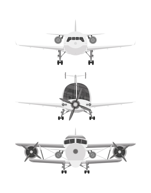 Conjunto de aviones aislado en la vista frontal de fondo blanco