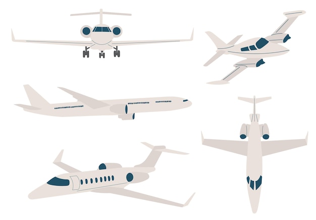 Vector conjunto de aviones desde diferentes ángulos en vector de estilo plano