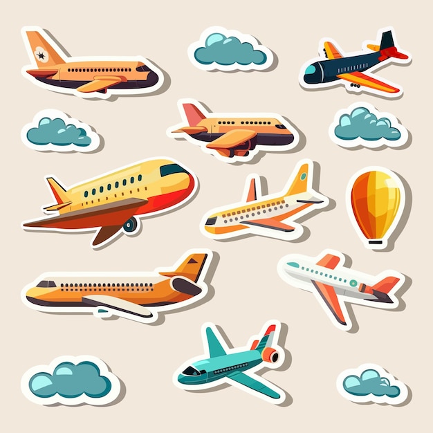 Vector conjunto de aviones de estilo adhesivo y elementos de nubes sobre fondo de melocotón