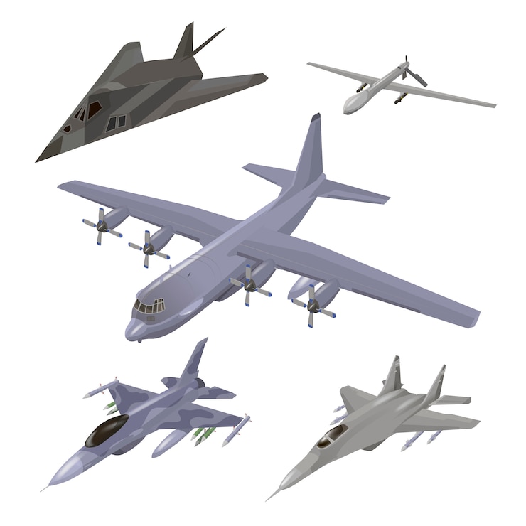 Vector conjunto de aviones militares. avión de combate, f-117 nighthawk, interceptor, avión de carga, ilustraciones de aviones no tripulados espía conjunto aislado.