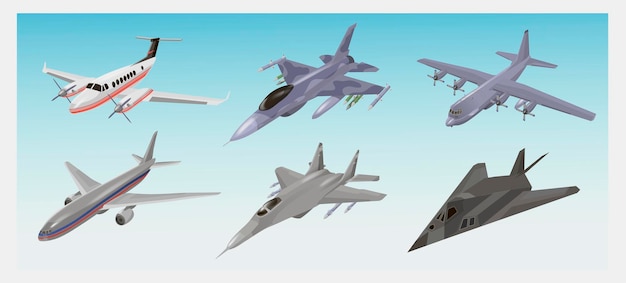 Conjunto de aviones militares. Avión de combate, F-117 Nighthawk, interceptor, avión de carga, ilustraciones de vectores de bombardero conjunto aislado. Máquina voladora del ejército. Para conceptos de aviación militar.