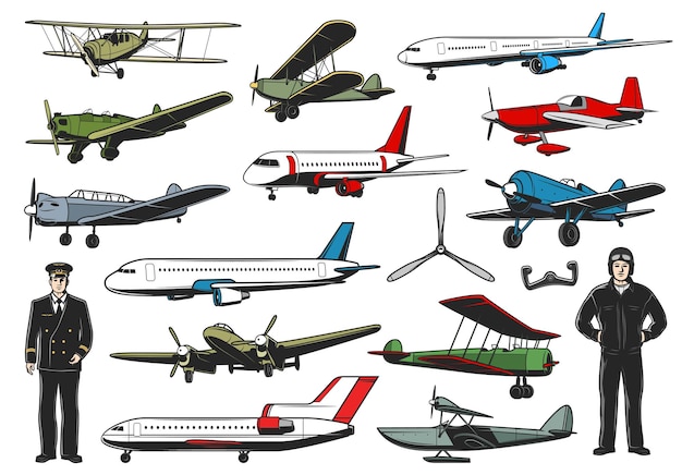 Conjunto de aviones modernos y antiguos. carácter piloto de aviación civil y militar. aviones de pasajeros de líneas aéreas, caza biplano retro del ejército o bombardero y avión flotante con aviadores delgados en vector uniforme