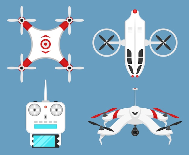 Conjunto de aviones no tripulados modernos y control remoto. Ciencia y tecnologías modernas. ilustración. Radio robot o avión con una cámara en el aire. Sistemas y desarrollos innovadores.
