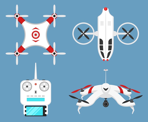 Conjunto de aviones no tripulados modernos y control remoto. ciencia y tecnologías modernas. ilustración. radio robot o avión con una cámara en el aire. sistemas y desarrollos innovadores.