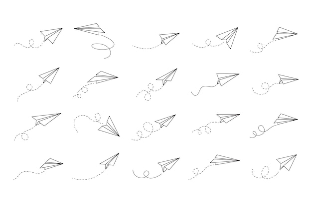 Conjunto de aviones de papel dibujado a mano aviones aislados línea de trayectoria de vuelo icono de avión vector de ruta de viaje