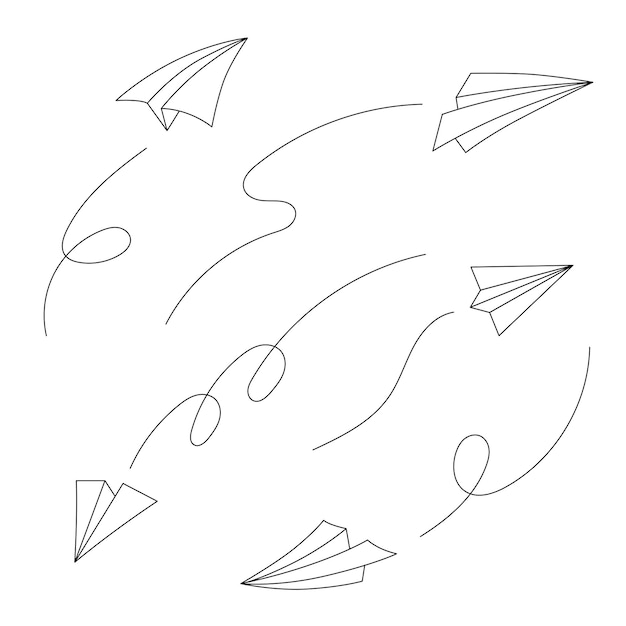 conjunto de aviones de papel y sus trayectorias de vuelo trazo editable