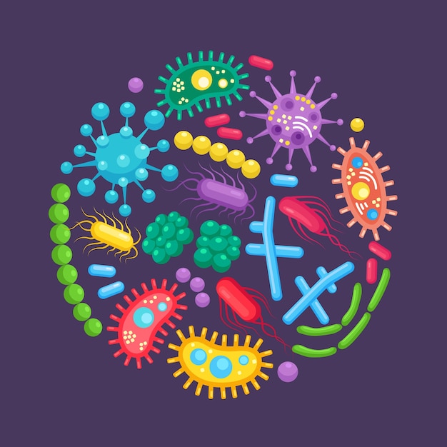 Conjunto de bacterias, microbios, virus, gérmenes. objeto causante de enfermedades en el fondo. microorganismos bacterianos, células probióticas. .