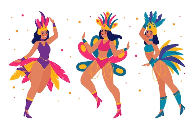 Vector conjunto de bailarina de carnaval brasileño plano