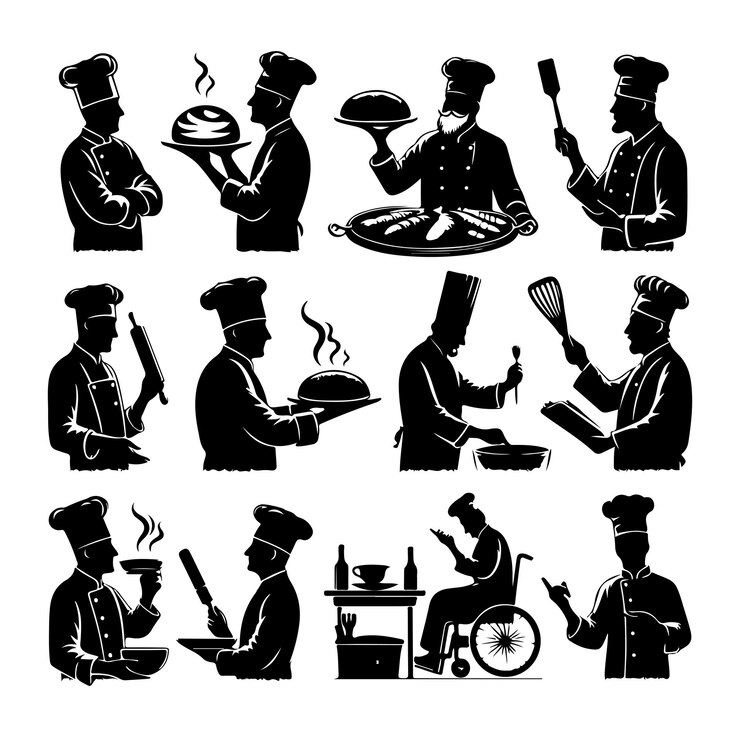 Vector conjunto de baker con pin de rodadura ilustración vectorial de silueta negra