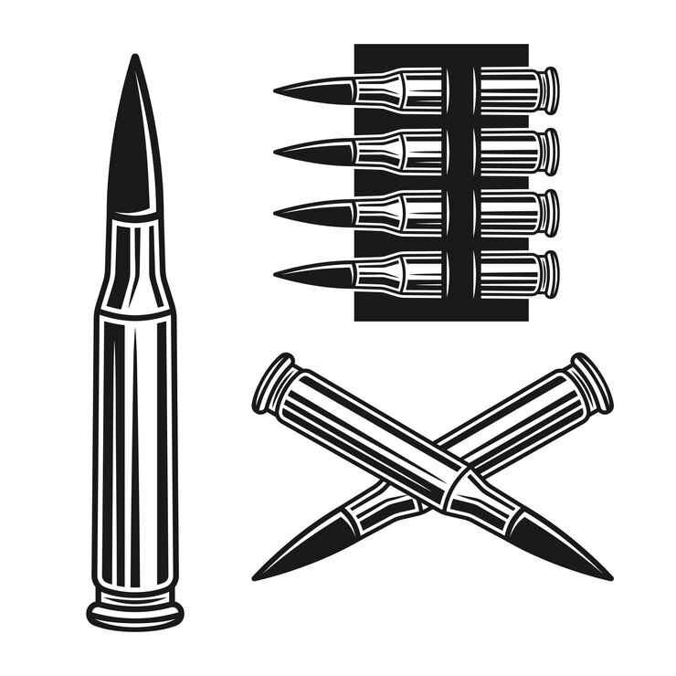 Vector conjunto de bala y bandolera de objetos vectoriales o elementos de diseño en estilo monocromo aislado sobre fondo blanco
