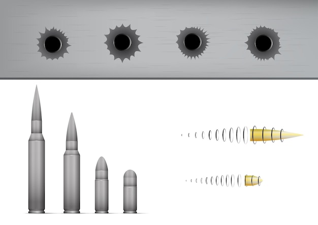 Vector conjunto de balas y agujeros de bala. bala volando a alta velocidad