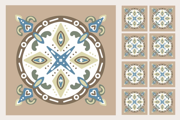 Conjunto de baldosas de azulejo estampadas Fondo geométrico abstracto Ilustración vectorial Patrón mediterráneo sin fisuras Baldosas portuguesas Diseño de azulejo Colección de baldosas de talavera de cemento de suelo