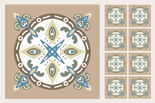 Conjunto de baldosas de azulejo estampadas Fondo geométrico abstracto Ilustración vectorial Patrón mediterráneo sin fisuras Baldosas portuguesas Diseño de azulejo Colección de baldosas de talavera de cemento de suelo