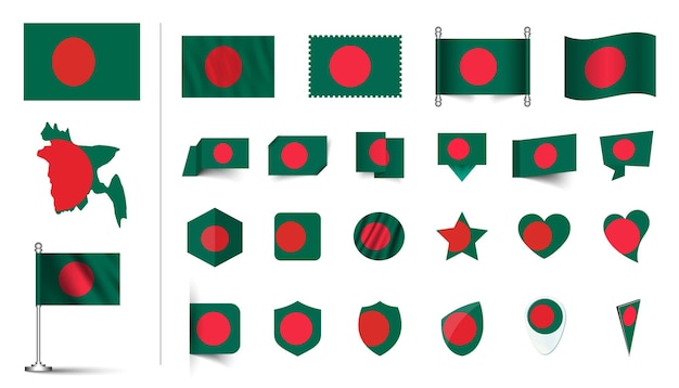 conjunto de bandera de Bangladesh plano Icon conjunto vector ilustración botón de bandera agitando renderización 3d