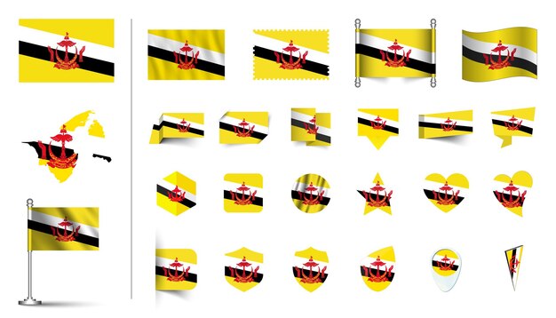 conjunto de bandera de Brunei plano conjunto de iconos de ilustración vectorial botón de bandera agitando símbolos de renderización 3D