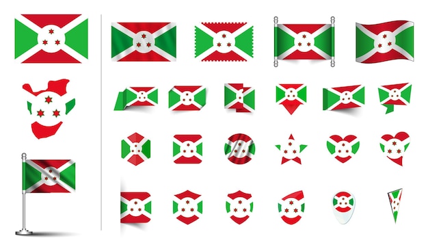 conjunto de bandera de Burundi plano Icon set vector ilustración botón de bandera agitando símbolos de renderización 3d