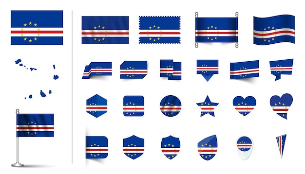 conjunto de bandera de Cabo Verde plano conjunto de icono ilustración vectorial botón de bandera agitando renderización 3d