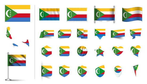 conjunto de bandera de las Comoras plano conjunto de iconos ilustración vectorial botón de bandera agitando símbolos de renderización 3d