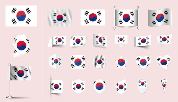 conjunto de bandera de Corea del Sur plano Icon set vector ilustración botón de bandera agitando renderización 3d