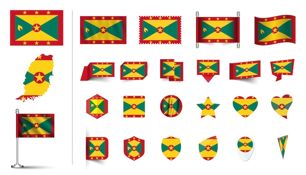 conjunto de bandera de Grenada plano Icon set vector ilustración botón de bandera agitando símbolos de renderización 3d