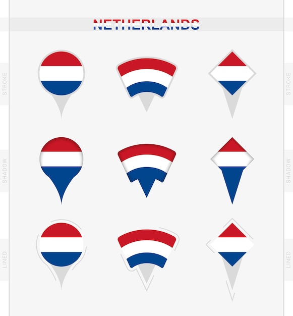 Conjunto de bandera holandesa de iconos de pin de ubicación de bandera holandesa