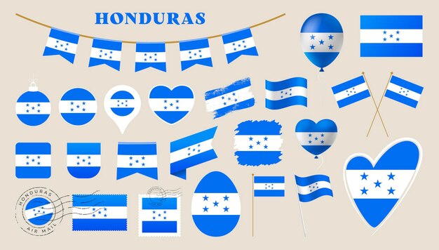 conjunto de bandera de Honduras Varias colecciones de banderas nacionales con diferentes formas como escudo de corazón, huevo de Pascua, ubicación, círculo, sello postal, grunge, cuadrado, redondo y rectángulo, ilustración vectorial